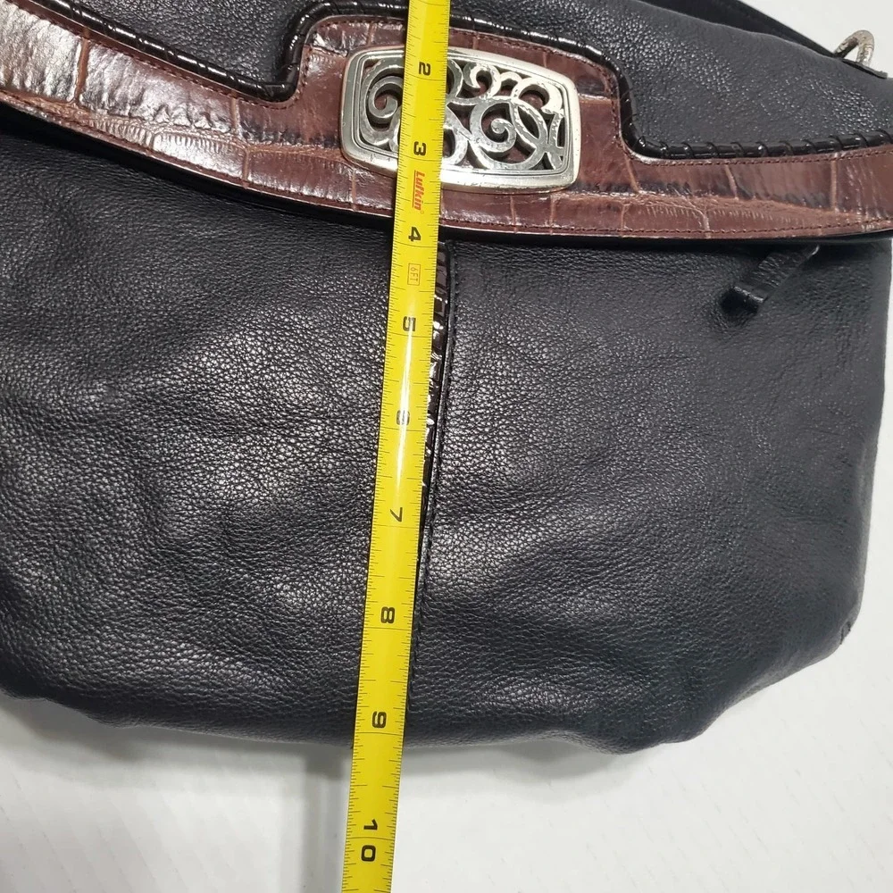 VTG Brighton Black Leather Brown Croc Embossed Flap Crossbody Shoulder Bag Purse